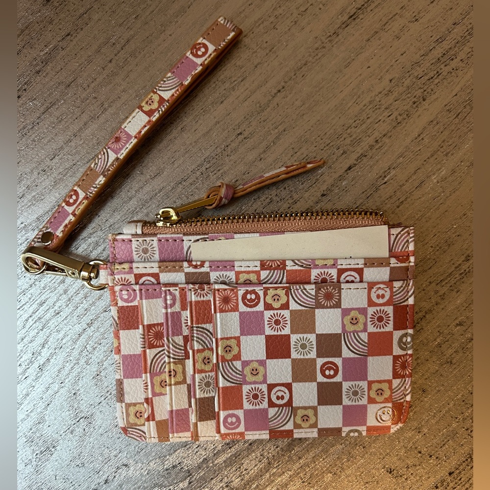 Pink & Brown Checker Wristlet Card Holder with Wrist Strap